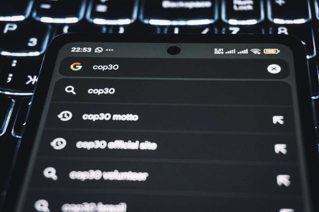 Interface de busca digital exibindo resultados e dados analíticos em tela moderna